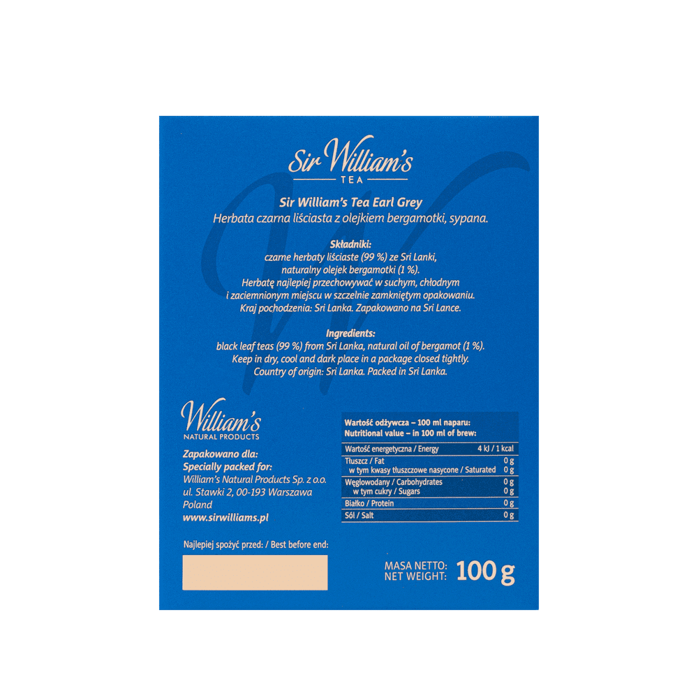 Liściasta Herbata Sir William's Tea Earl Grey 100g