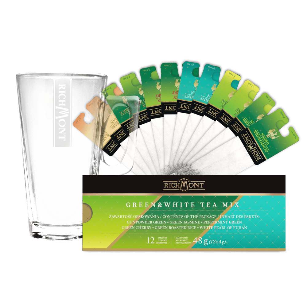 Zestaw Mix Zielonych i Białych Herbat Richmont + Szklanka Richmont Hot