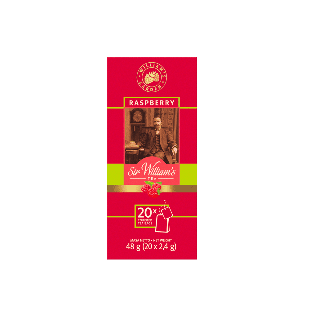 Zestaw Miłośnika Herbaty Sir William’s Tea Raspberry 20 saszetek + szklanka 250 ml
