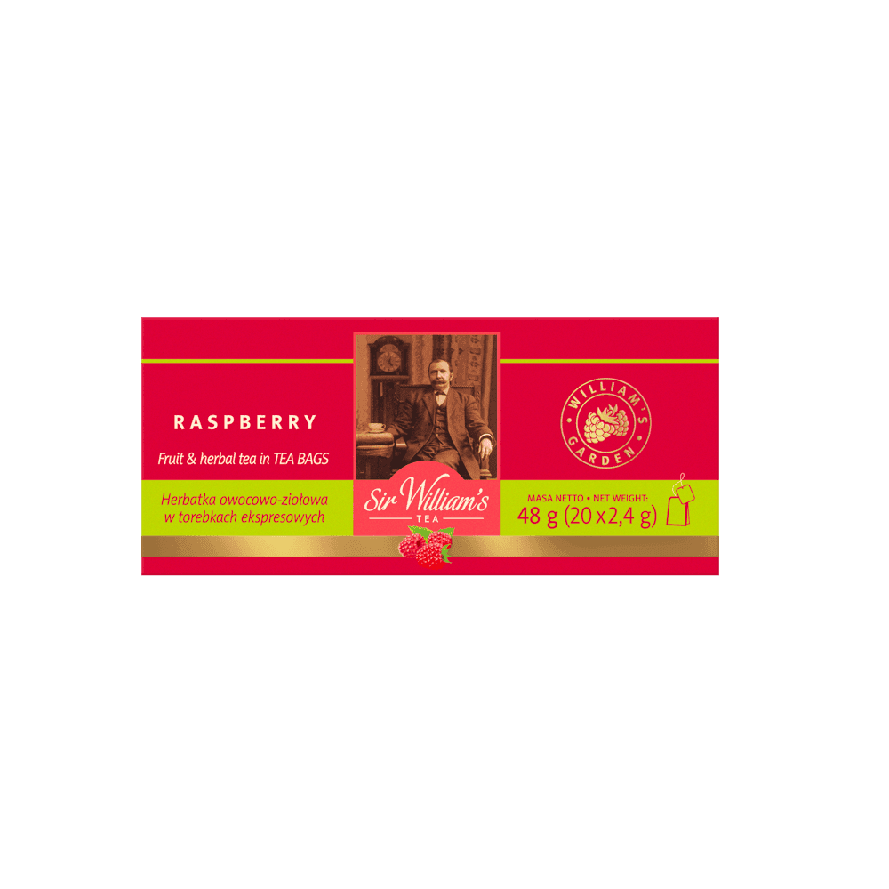 Zestaw Miłośnika Herbaty Sir William’s Tea Raspberry 20 saszetek + szklanka 250 ml