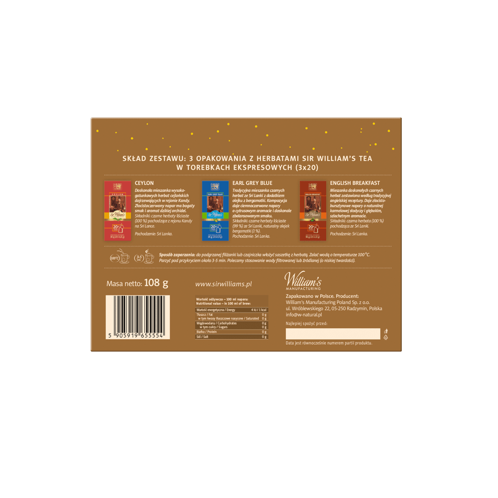 ZESTAW PREZENTOWY 3×20 SASZETEK SIR WILLIAM’S TEA KOMPOZYCJA HERBAT CZARNYCH