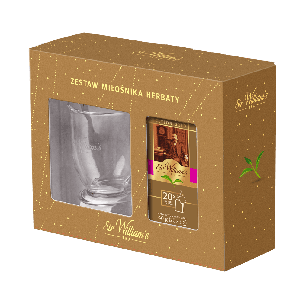 Zestaw Miłośnika Herbaty Sir William’s Tea Ceylon Gold 20 saszetek + szklanka 250 ml