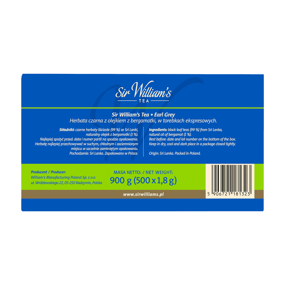 Czarna Herbata Sir William's Earl Grey 500 Saszetek