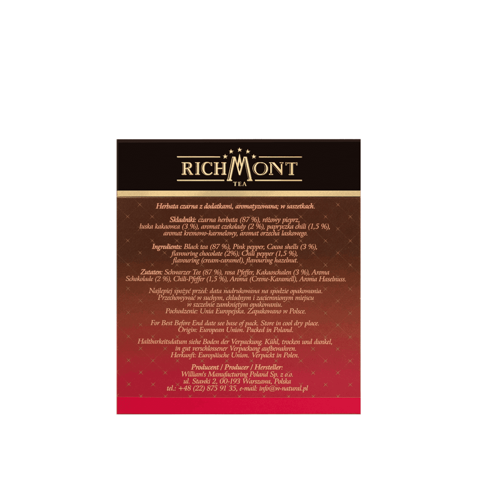 Herbata Richmont Black Chilli Chocolate 40 Saszetek z Zestawem do Celebracji Herbaty Richmont