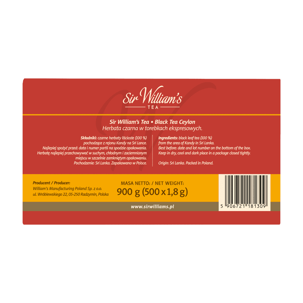 Pakiet 3x Herbata Sir William's Ceylon Black Tea 500 Saszetek
