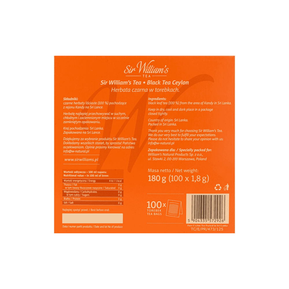 Herbata Czarna Sir William's Tea Ceylon 100 Torebek