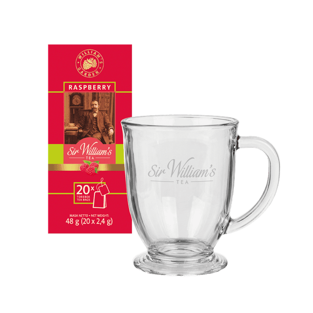 Zestaw Miłośnika Herbaty Sir William’s Tea Raspberry 20 saszetek + szklanka 250 ml