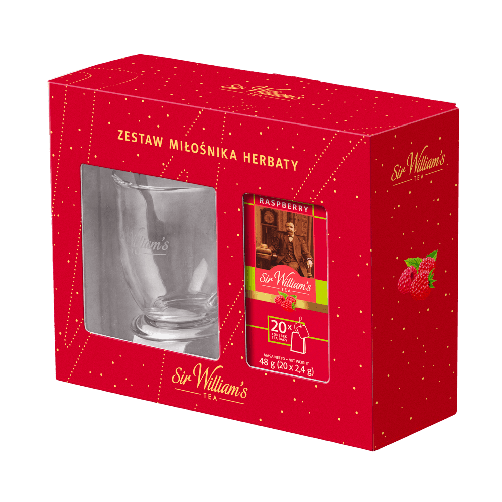 Zestaw Miłośnika Herbaty Sir William’s Tea Raspberry 20 saszetek + szklanka 250 ml
