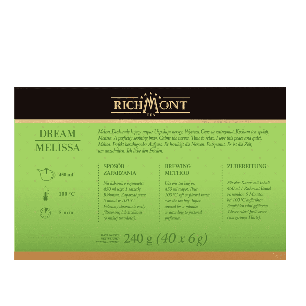Herbata Richmont Dream Melissa 40 Saszetek z Zestawem do Celebracji Herbaty Richmont