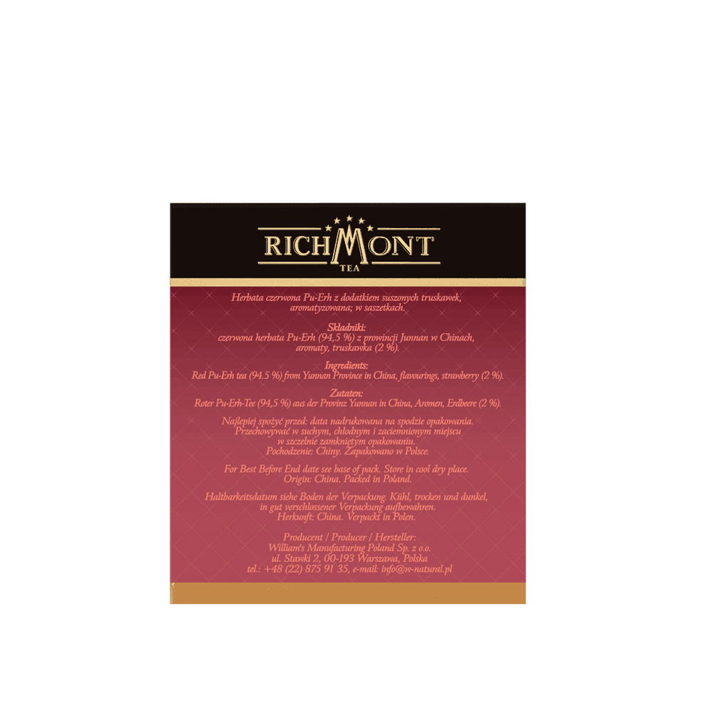 Herbata Richmont Pu-Erh Strawberry 40 Saszetek z Zestawem do Celebracji Herbaty Richmont