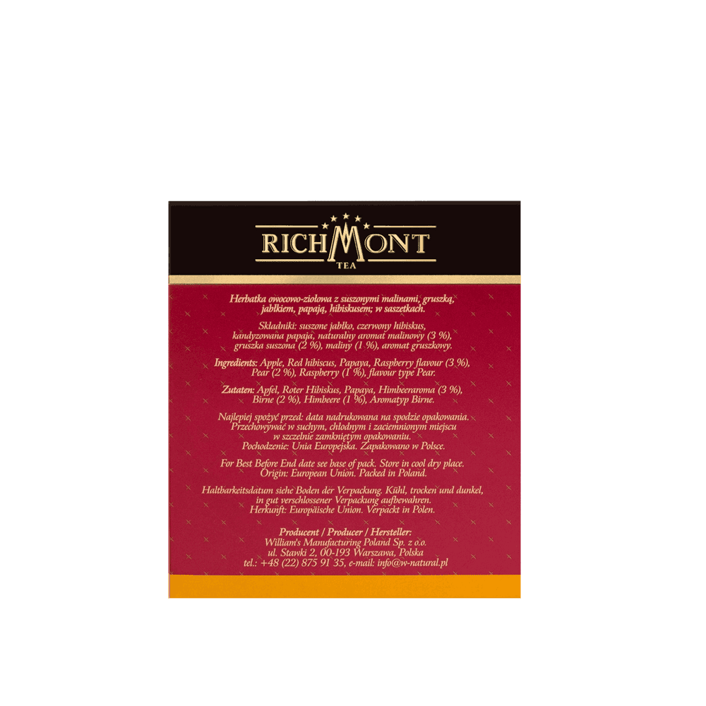 Herbatka Richmont Raspberry Pear 40 Saszetek z Zestawem do Celebracji Herbaty Richmont